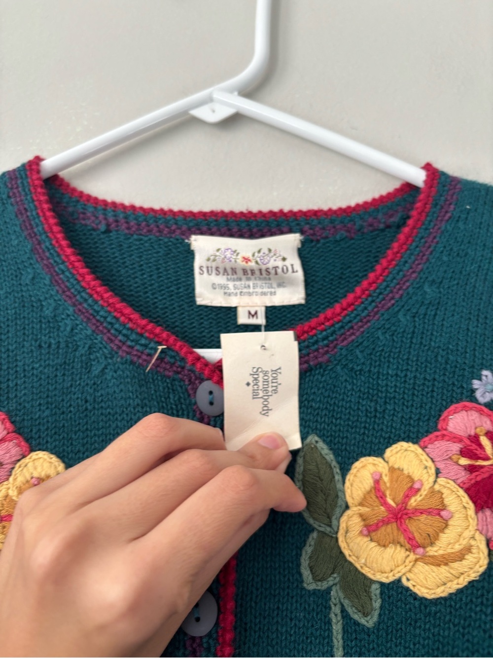 Vintage Cottagecore Teal Floral Knitted Embroidery Fairy Garden Granny Cardigan - Picture 8 of 9